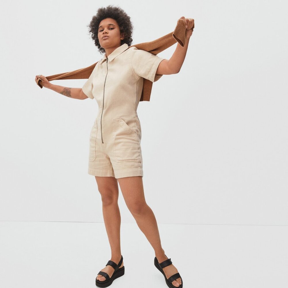 NWOT Everlane The Denim Short Coverall, Dune - Size 6